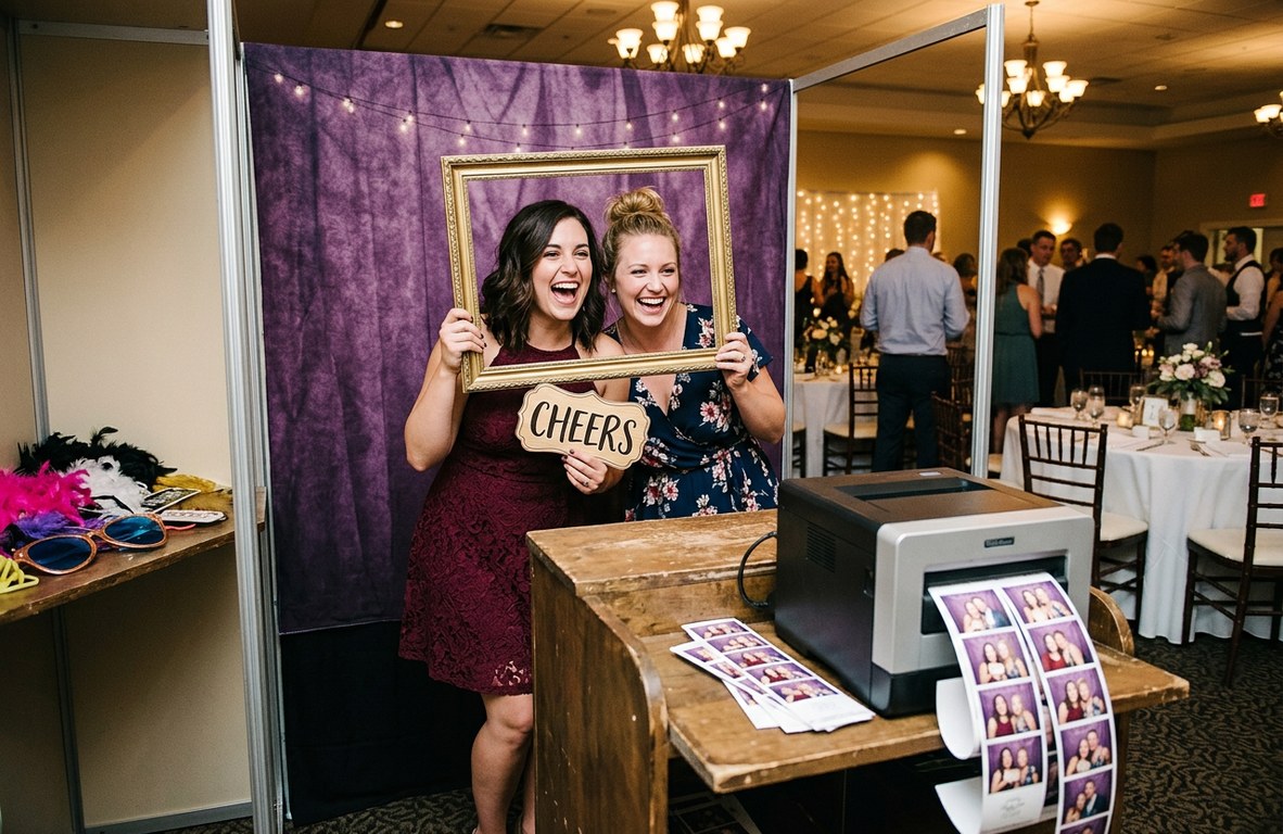 Guests laughing inside an open-air photo booth at a wedding reception, holding props