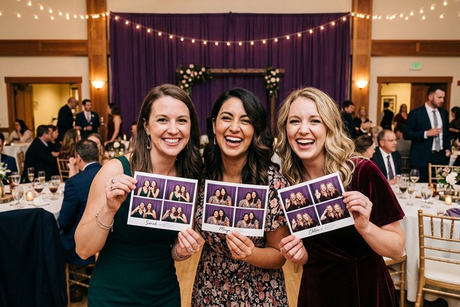 Wedding guests holding printed photo strips and laughing