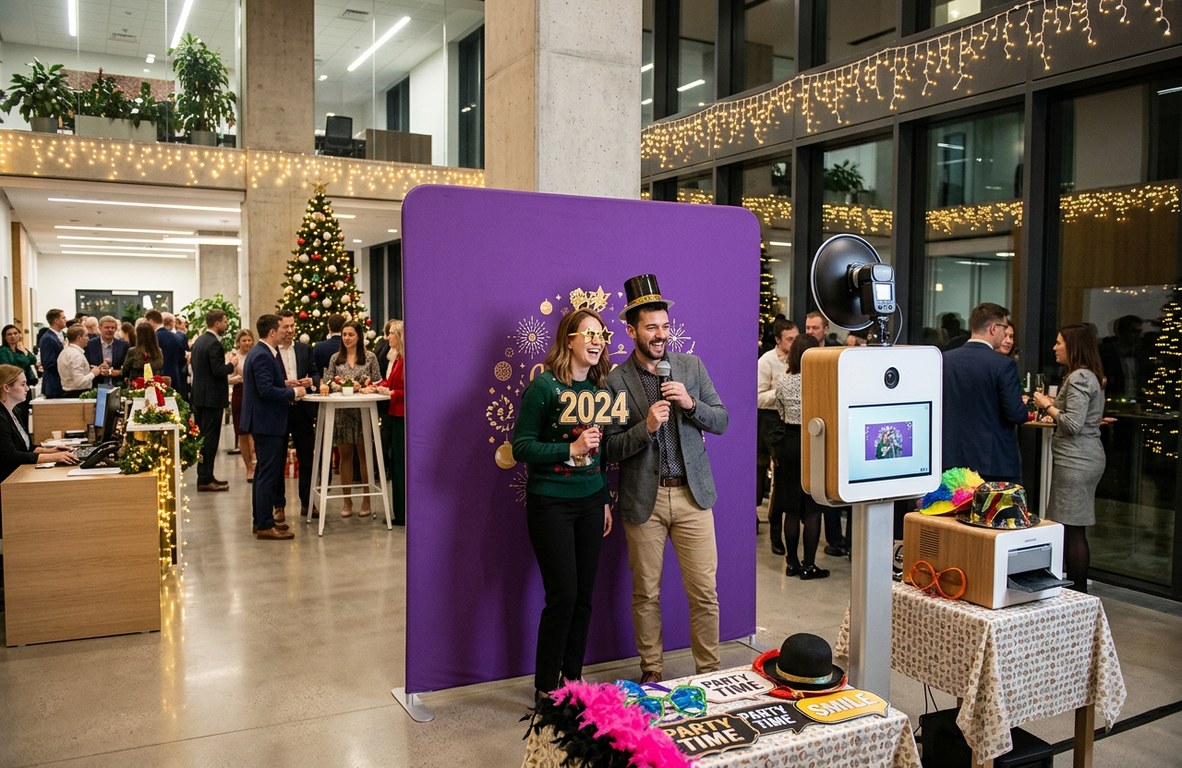 Photo booth setup at a corporate holiday party with a branded backdrop