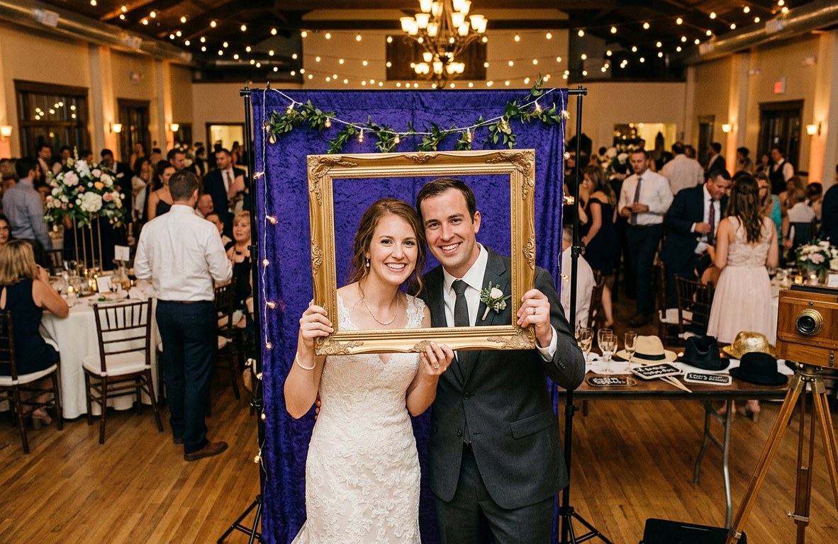 Bride and groom posing in an open-air photo booth at their wedding reception