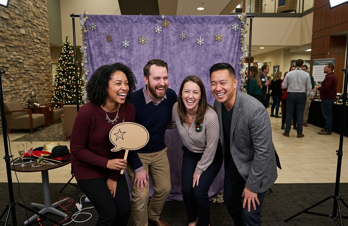 Colleagues posing in a photo booth at a corporate holiday party