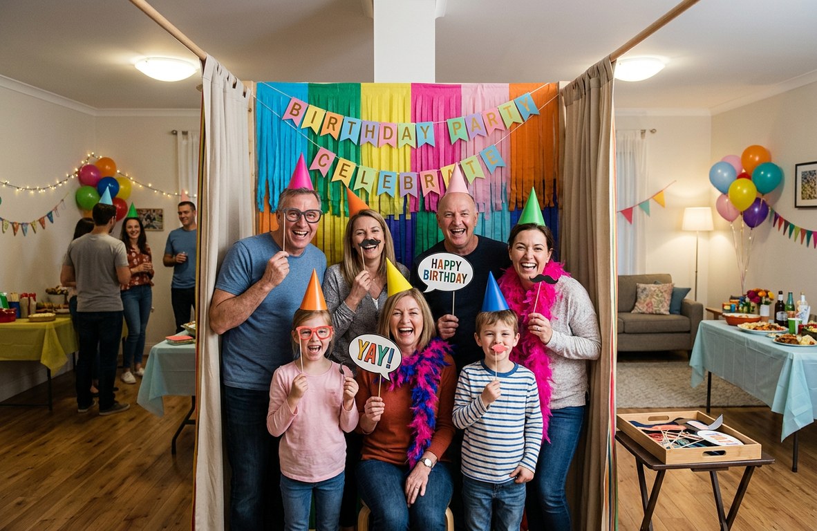 Kids and adults laughing together in a photo booth at a birthday party