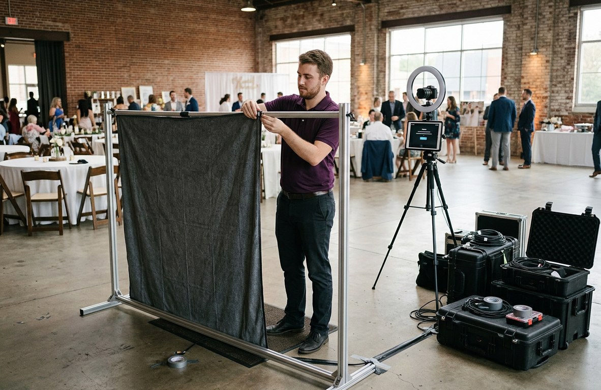 Photo booth team setting up an open-air booth and backdrop at an event venue