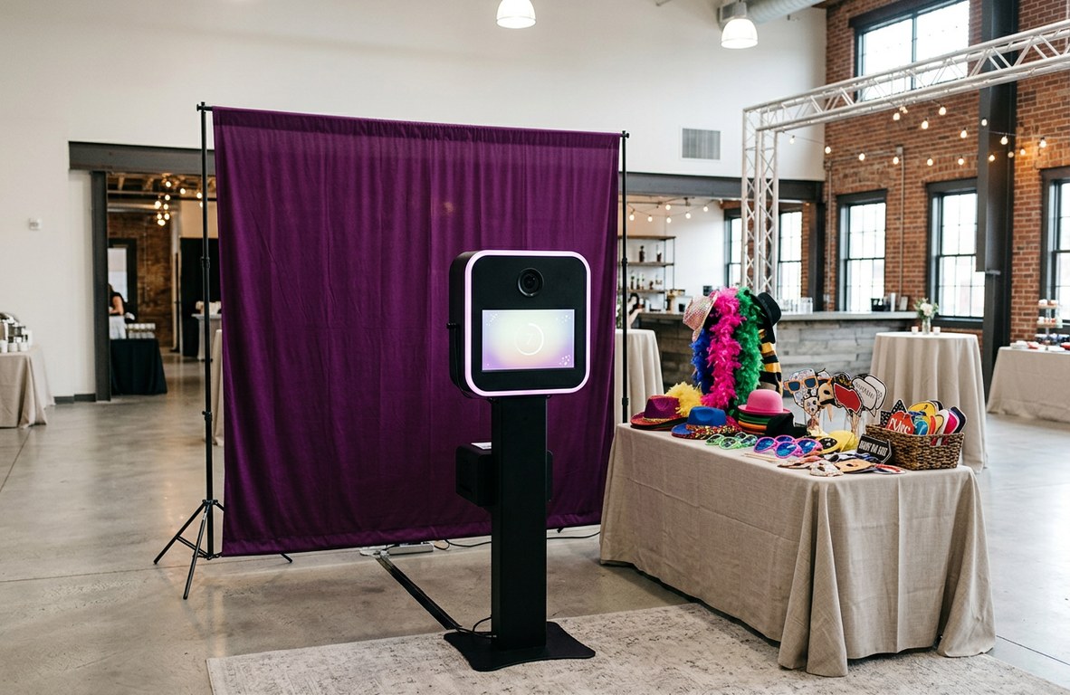 Photo booth with a custom backdrop ready for guests at an event